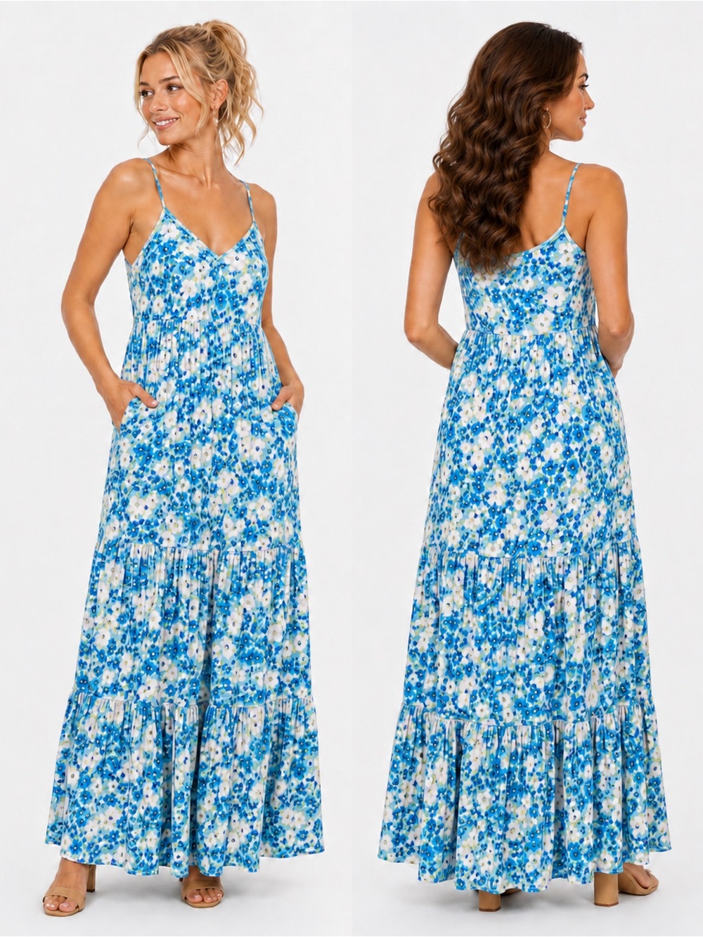 Love Stitch Blue Floral Flowers embroidery scallop bodice Sundress Maxi Dress M